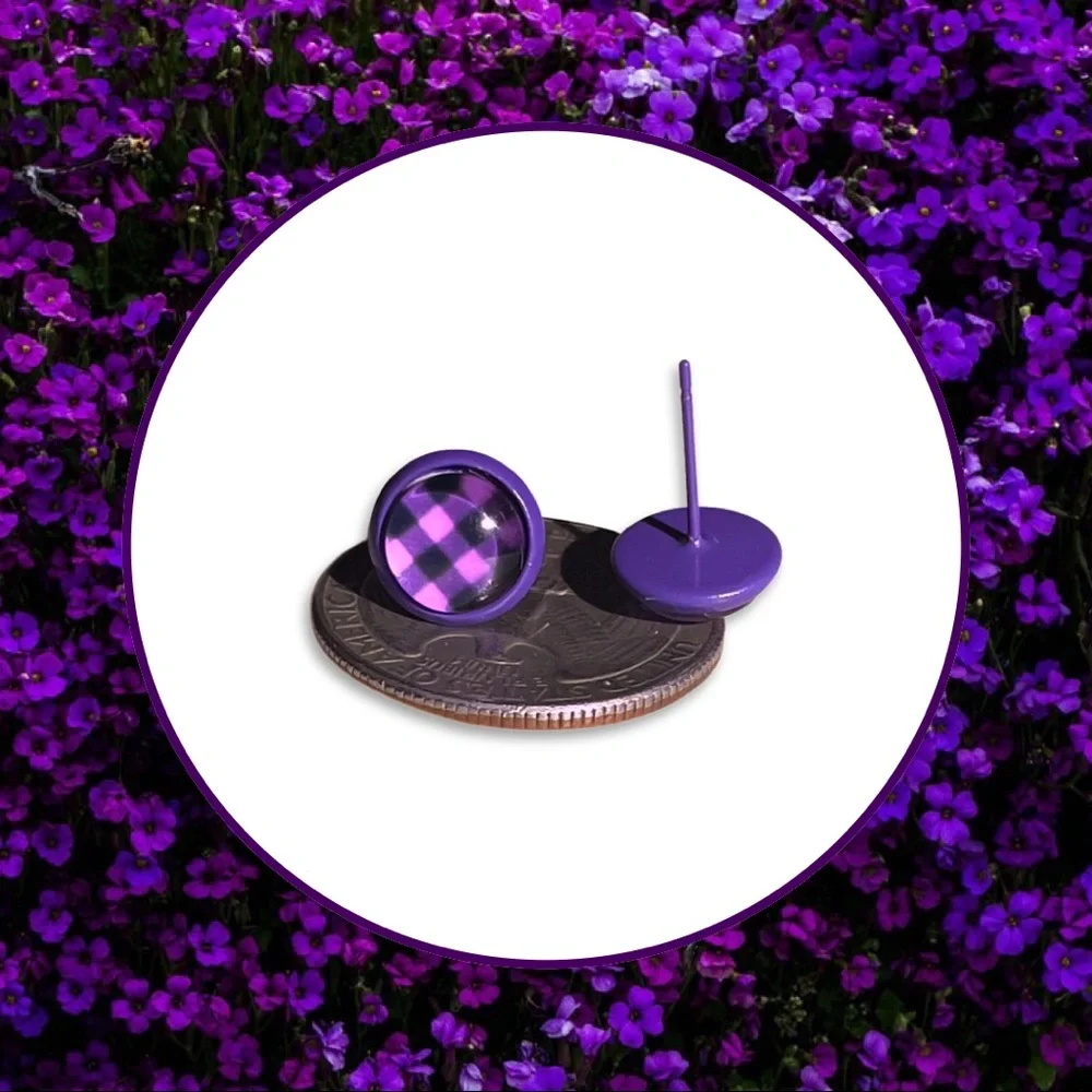 Purple Plaid Stud Earrings - Picture 3 of 5